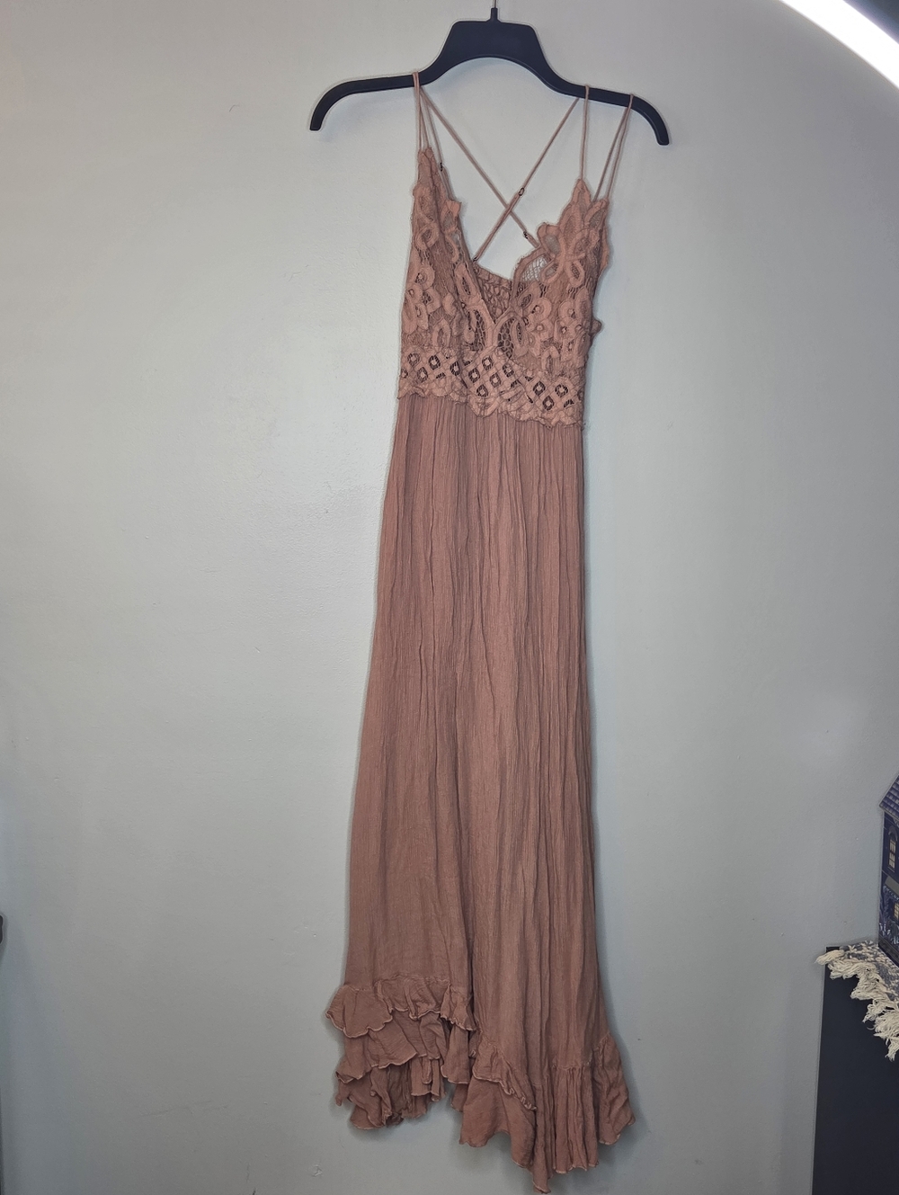 Free People Adella Maxi Dress in copper Sz M Lace Boho CrissCross Back